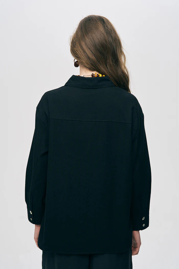 Black Shirt with Pearl Button Detail
