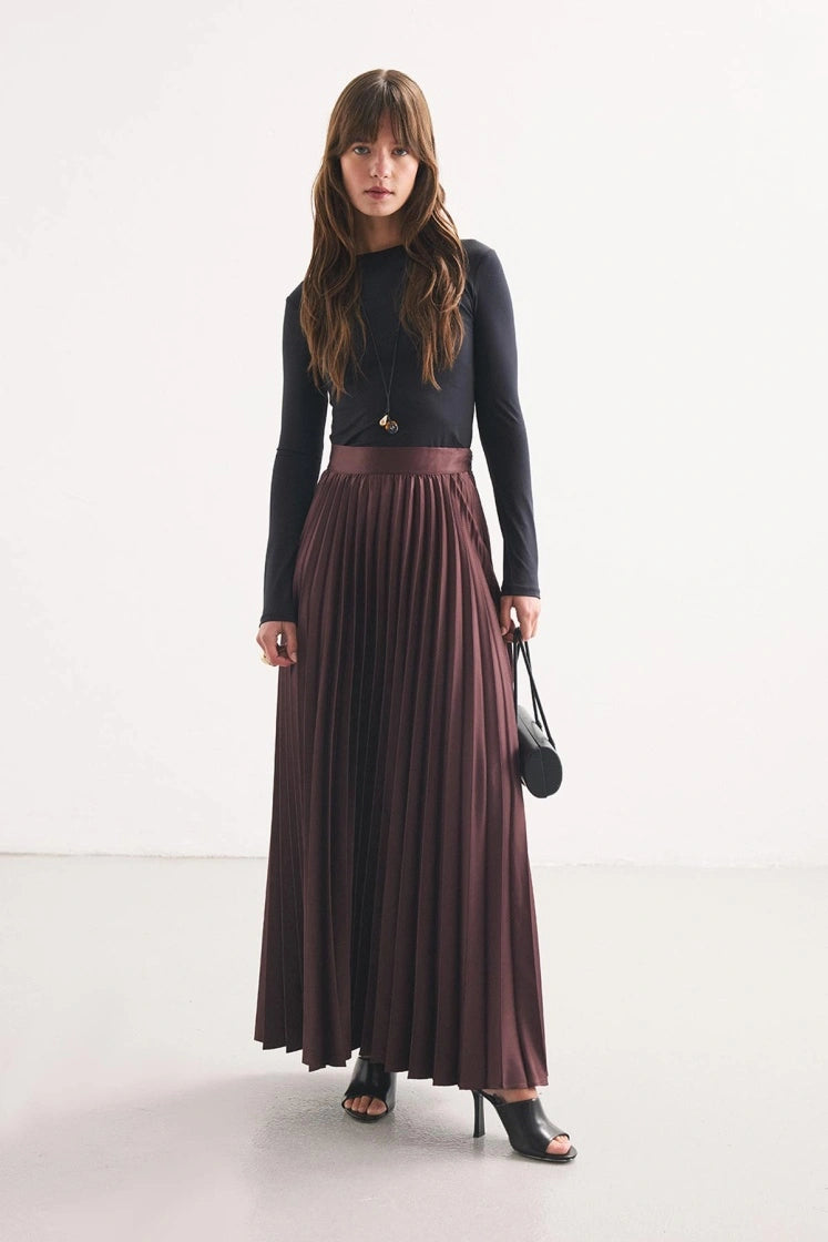 Burgundy Pleated Satin Skirt