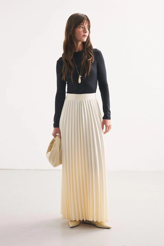 Cream Pleated Satin Skirt