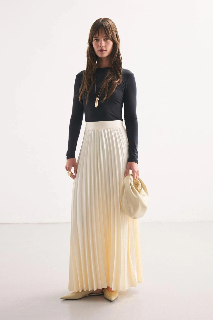 Cream Pleated Satin Skirt