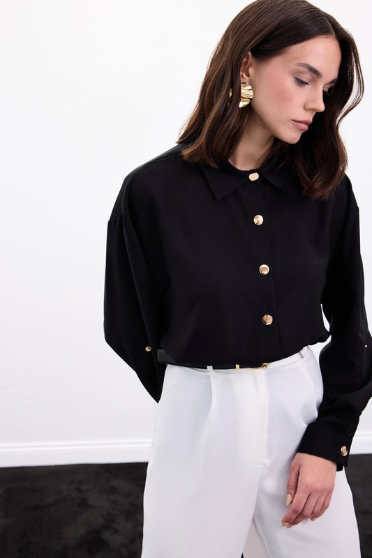 Black satin shirt with gold buttons