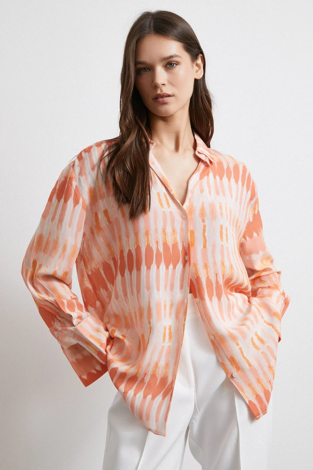 V-Neck Viscose Moroccan Shirt - Orange