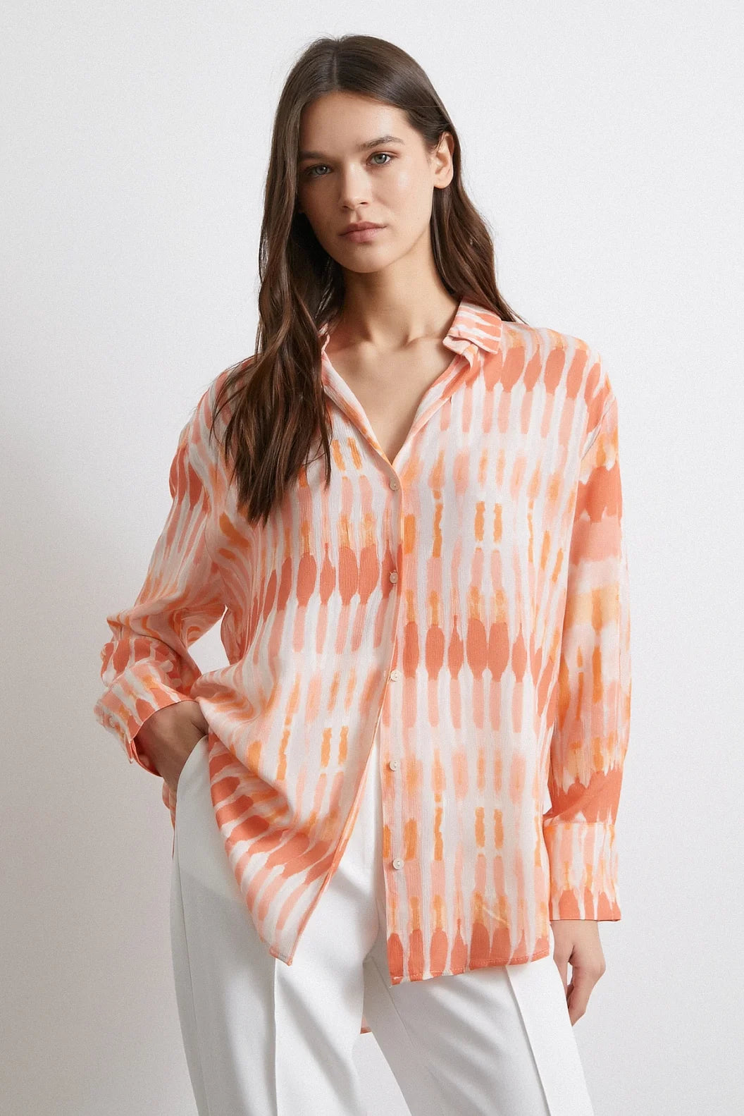 V-Neck Viscose Moroccan Shirt - Orange