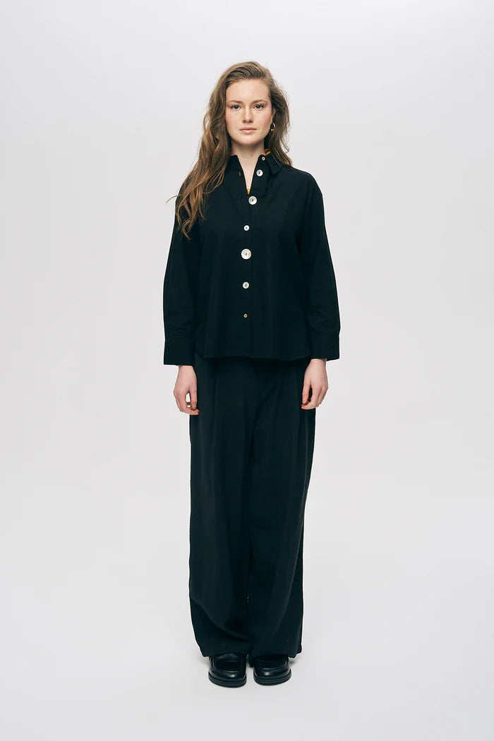 Black Shirt with Pearl Button Detail
