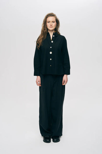 Black Shirt with Pearl Button Detail