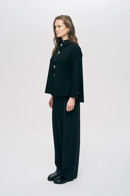 Black Shirt with Pearl Button Detail