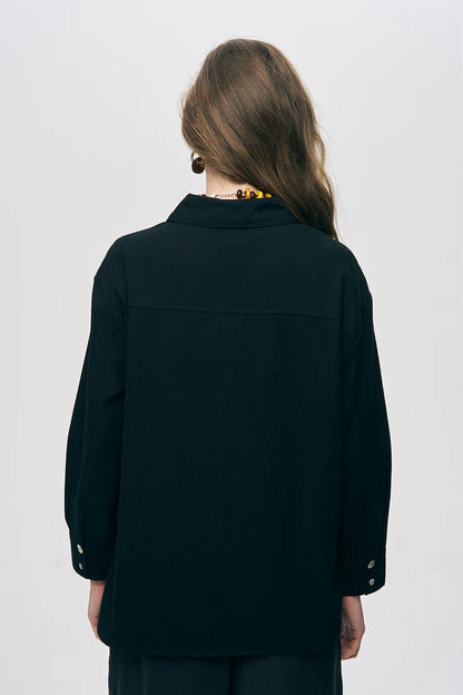 Black Shirt with Pearl Button Detail