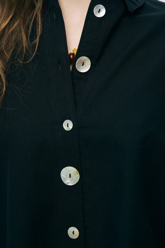 Black Shirt with Pearl Button Detail