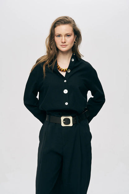 Black Shirt with Pearl Button Detail