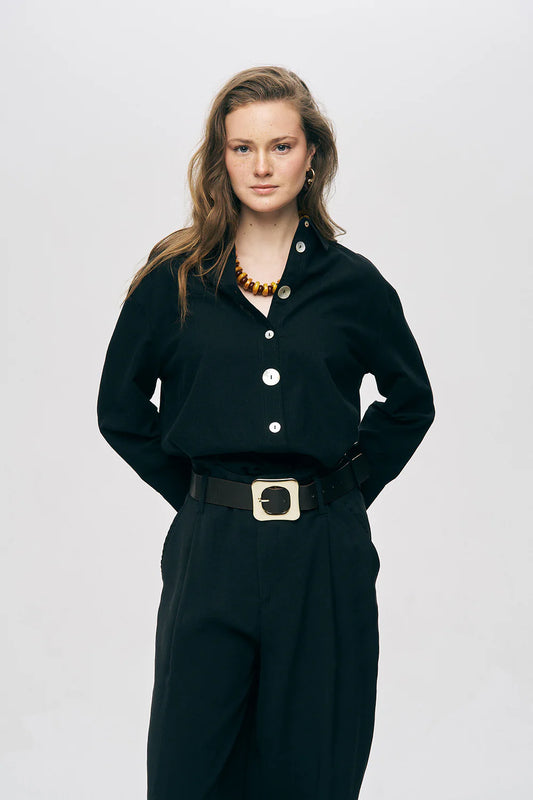 Black Shirt with Pearl Button Detail