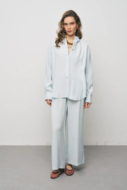 Ice Blue Oversize Basic Long-Sleeve Shirt