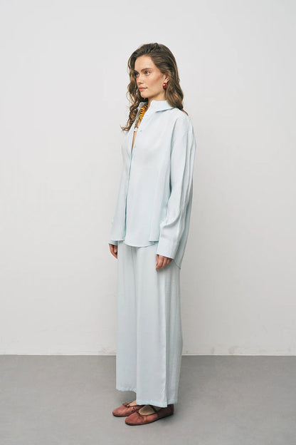 Ice Blue Oversize Basic Long-Sleeve Shirt