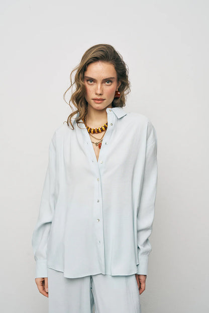 Ice Blue Oversize Basic Long-Sleeve Shirt