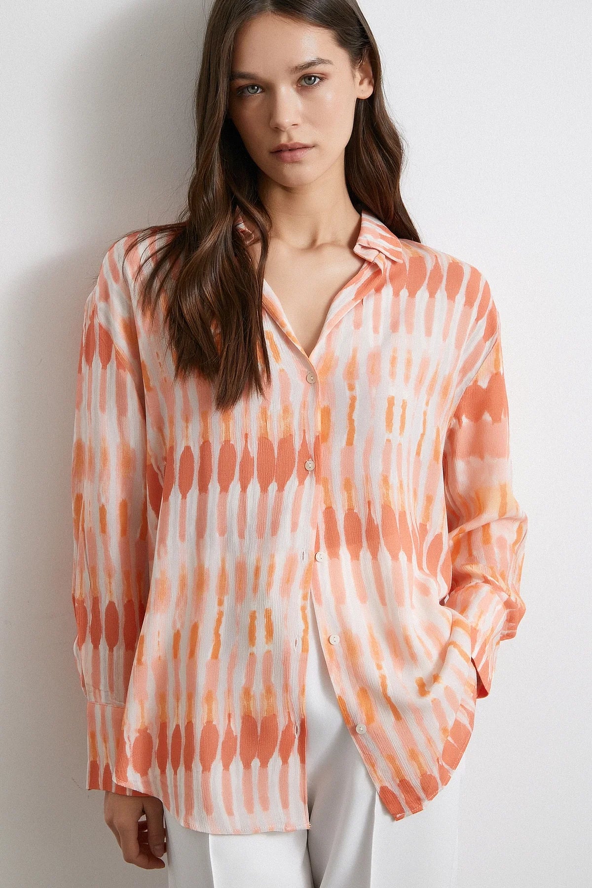 V-Neck Viscose Moroccan Shirt - Orange