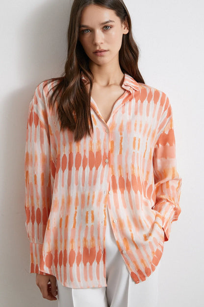 V-Neck Viscose Moroccan Shirt - Orange