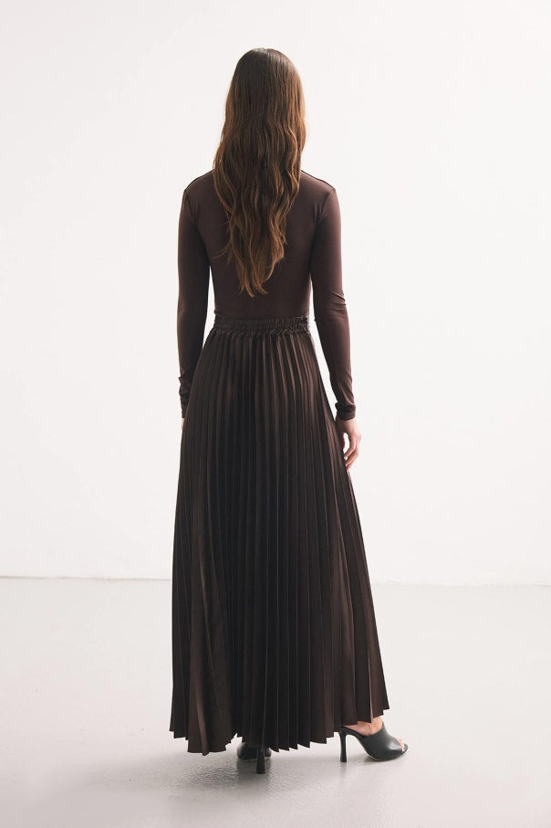 Coffee Pleated Satin Skirt