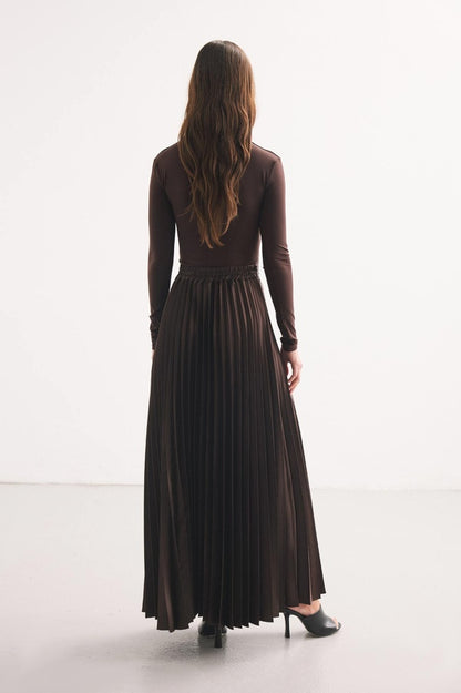 Coffee Pleated Satin Skirt