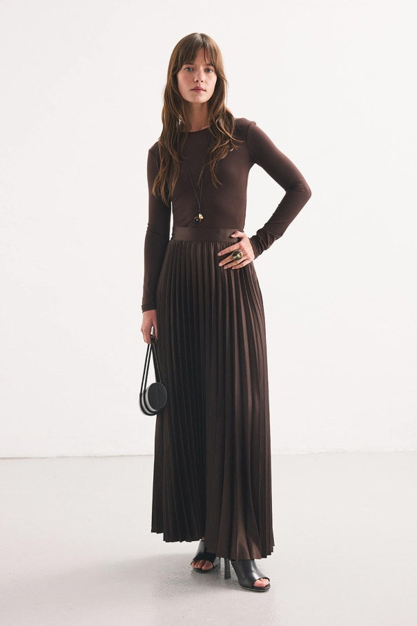 Coffee Pleated Satin Skirt