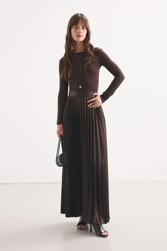 Coffee Pleated Satin Skirt