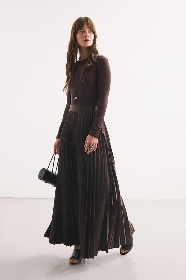 Coffee Pleated Satin Skirt