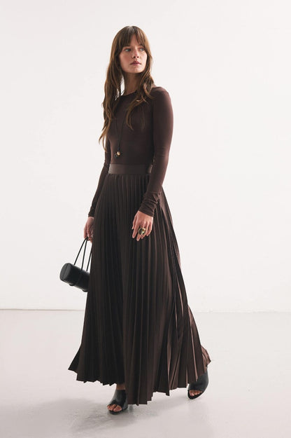 Coffee Pleated Satin Skirt