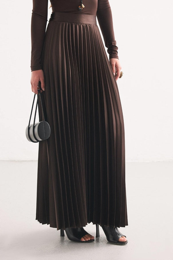 Coffee Pleated Satin Skirt