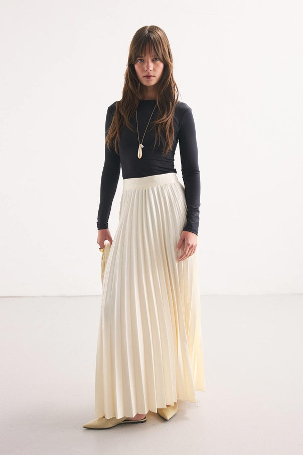 Cream Pleated Satin Skirt