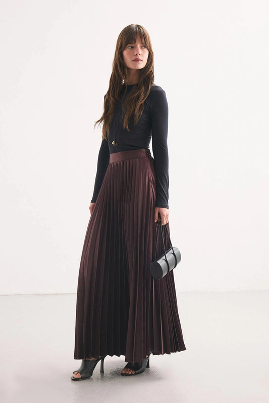 Burgundy Pleated Satin Skirt