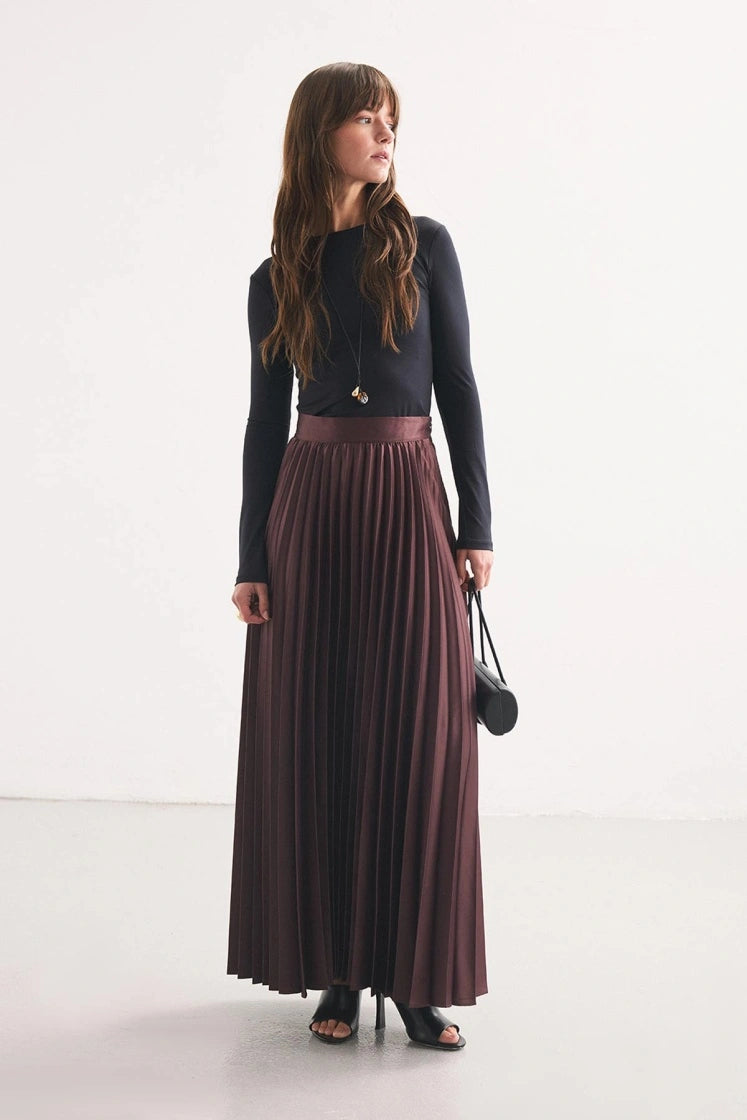 Burgundy Pleated Satin Skirt