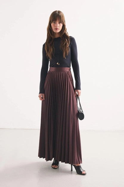 Burgundy Pleated Satin Skirt
