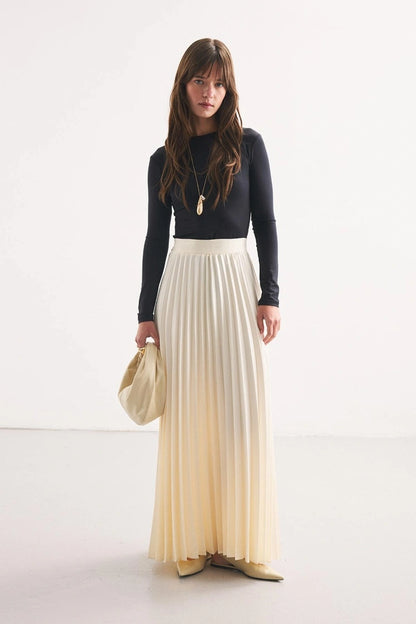 Cream Pleated Satin Skirt