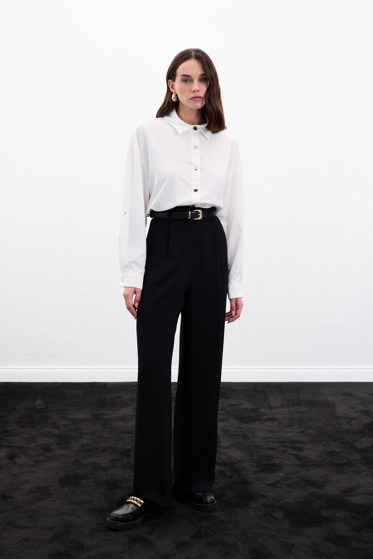 white satin shirt with gold buttons