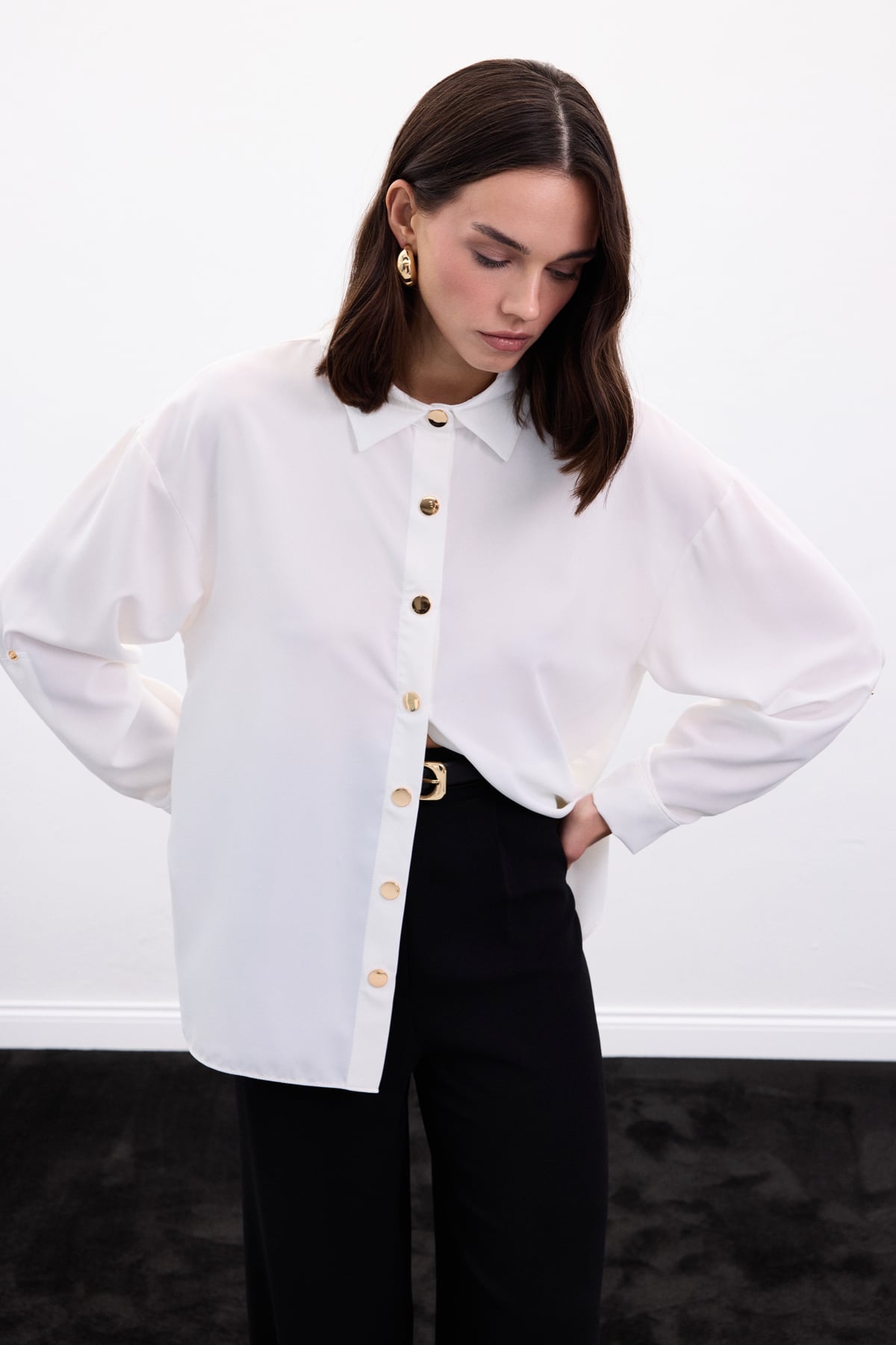 white satin shirt with gold buttons