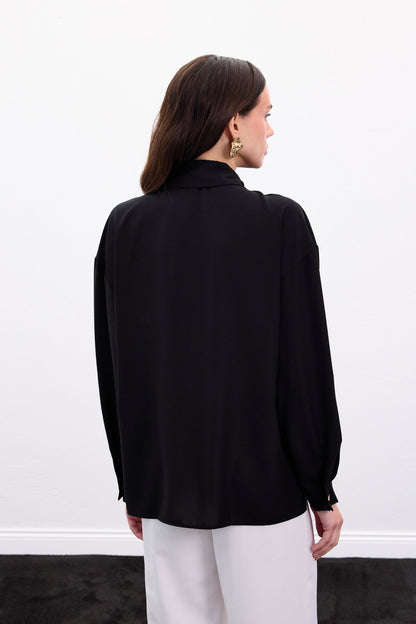 Black satin shirt with gold buttons