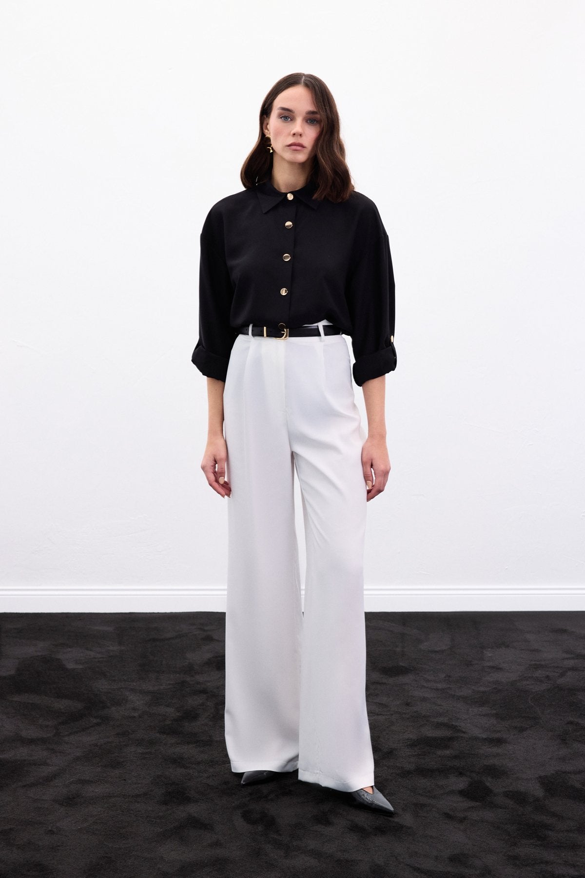 Black satin shirt with gold buttons