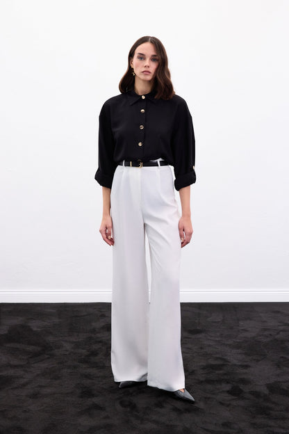 Black satin shirt with gold buttons