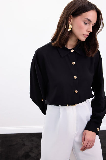 Black satin shirt with gold buttons