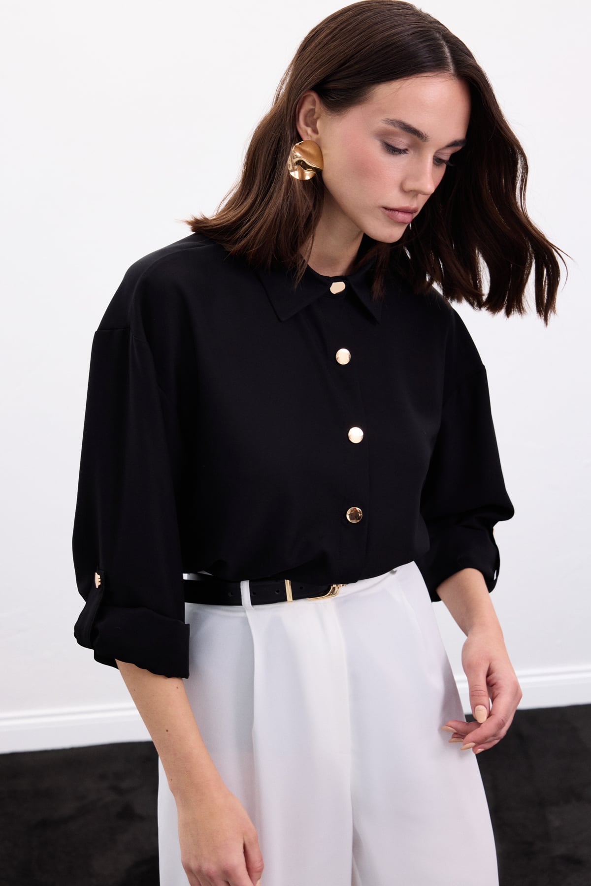Black satin shirt with gold buttons