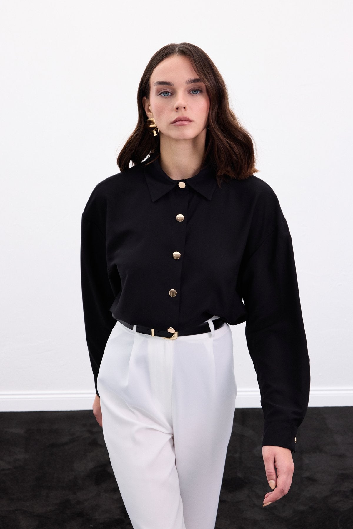 Black satin shirt with gold buttons