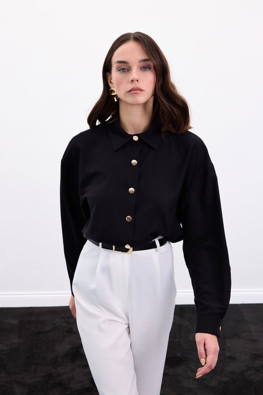 Black satin shirt with gold buttons
