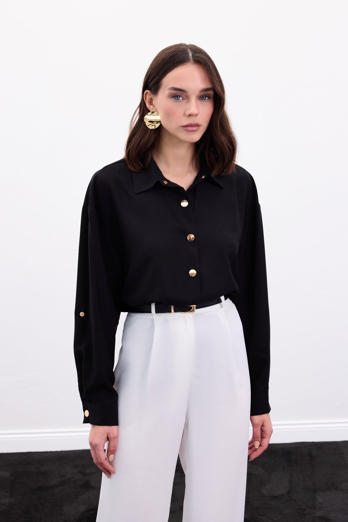Black satin shirt with gold buttons