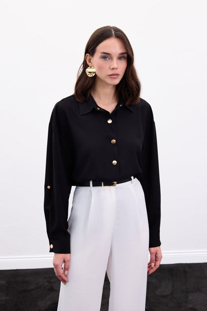 Black satin shirt with gold buttons