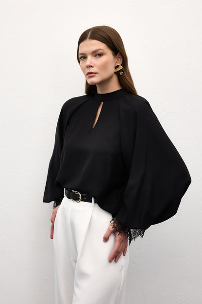 Black Satin blouse with dantel