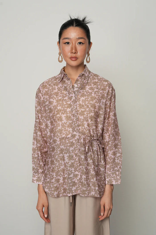 Floral Patterned Front Drawstring Thin Shirt