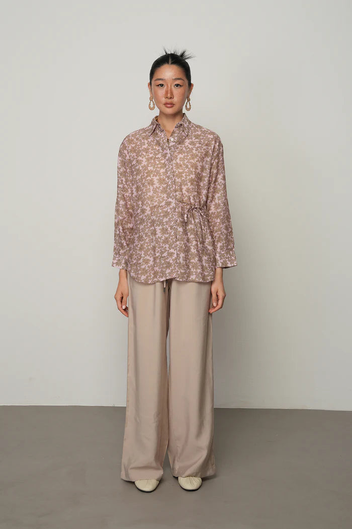 Floral Patterned Front Drawstring Thin Shirt