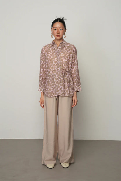 Floral Patterned Front Drawstring Thin Shirt