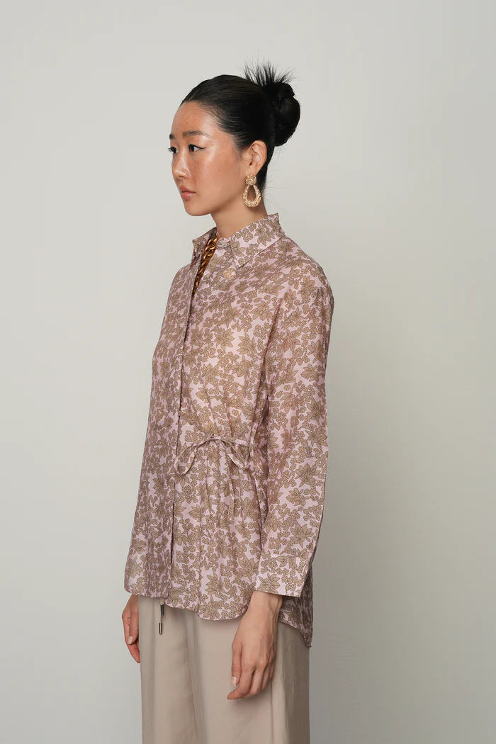 Floral Patterned Front Drawstring Thin Shirt