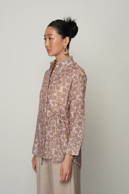 Floral Patterned Front Drawstring Thin Shirt