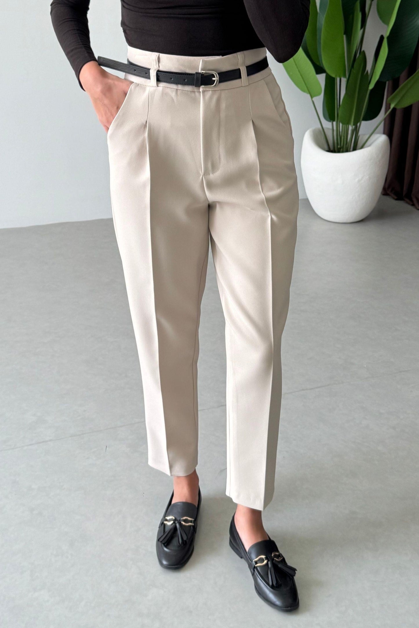 Beige belted Trouser