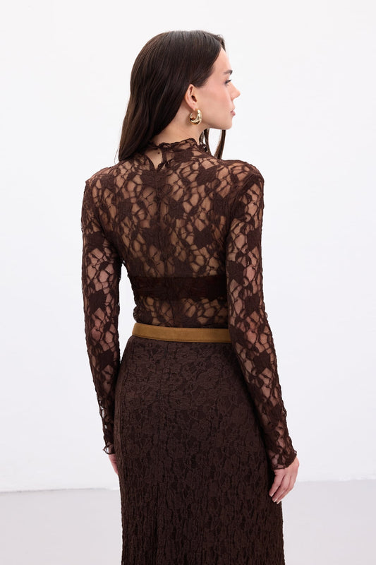 Coffee transparent dantel Blouse